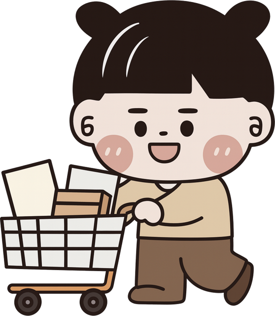 NIDI推著裝滿印刷品的購物車